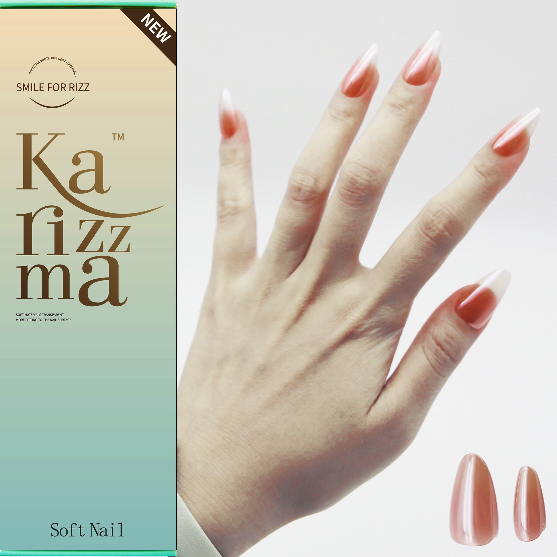 Nude Metallic Glow Long Almond tip.120 pieces Press-On with 192 gels.